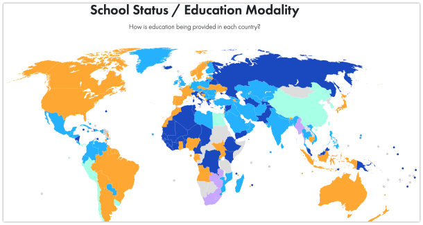 A map of the world with each country colored according to school status.