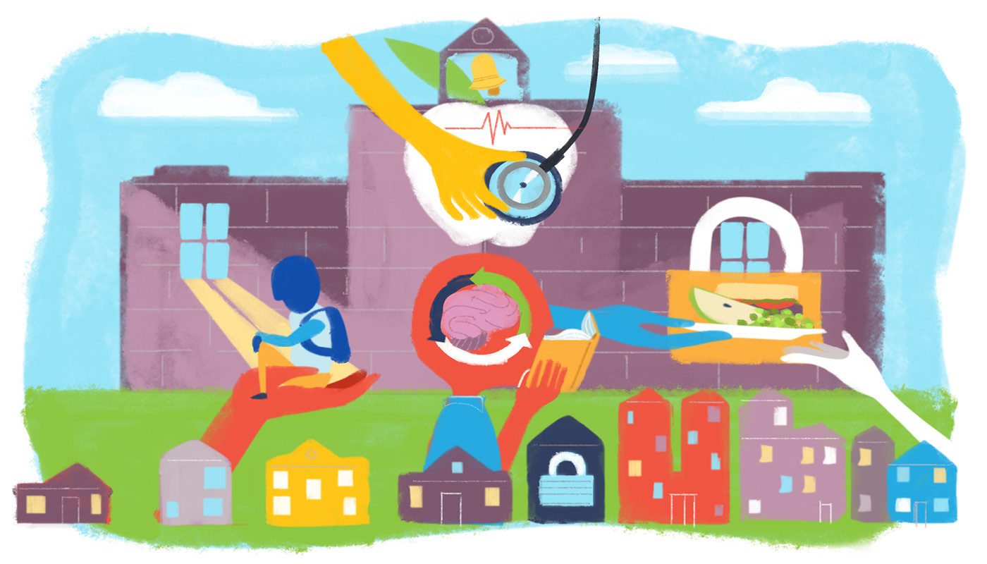 an artistic illustration of the topics in a school reopening checklist